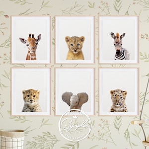 Safari Kinderzimmer Dekor, Tierbabys Set 6, Löwe, Zebra, Elefant, Giraffe, Kinderzimmer Wandkunst, Safaritiere, Babyzimmer, Synplus druckbare Kunst