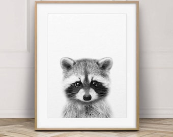 Raccoon Print, Woodland Animals, Animal Art, Baby Animals, Black & White, Forest Animal, Nursery Decor, Woodland Nursery, Kids Printable Art