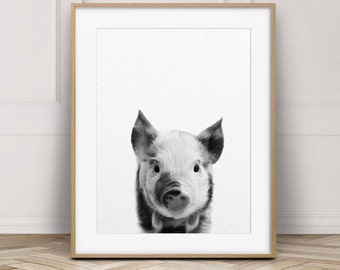 Pig Print, Nursery Animal Wall Art, Cute Baby Pig, Black And White Farm Animal, Little Piglet Photo, Nursery Decor, Kids Room Printable Art