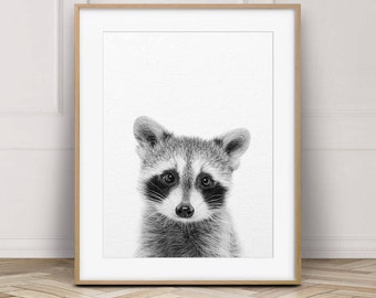 Raccoon Print, Baby Raccoon Art, Nursery Decor, Baby Animal Prints, Woodland Animals, Black & White, Baby Animals Print, Kids Printable Art