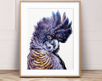 Black Cockatoo Print, Parrot Wall Art, Australian Bird, Red Tailed Black Cockatoo, Blue & Yellow, Nursery Decor, Living Room, Printable Art