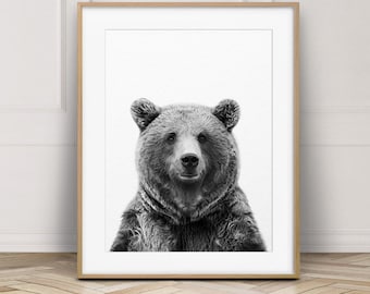 Bear Print, Bear Wall Art, Black And White Animal Print, Woodland Animals, Animal Prints, Woodland Nursery Decor, Kids Room Printable Art