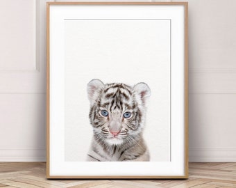 Tiger Print, White Tiger Cub Art, Baby Animal Prints, Woodland Nursery Decor, Jungle Baby Animals, Nursery Wall Art, Kids Room Printable Art