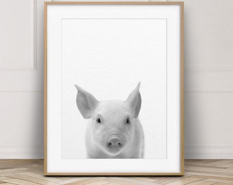 Pig Print, Nursery Animal Wall Art, Baby Animal Prints, Piglet Print, Black And White Farm Animals, Nursery Decor, Kids Room Printable Art