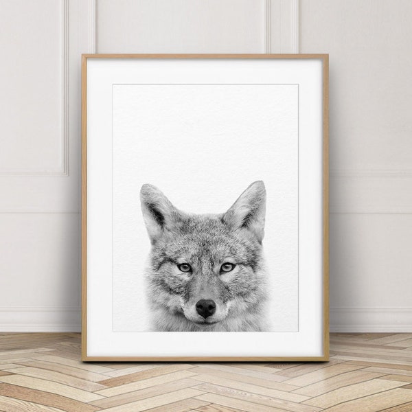 Coyote Print, Woodlands Nursery Wall Print, Woodland Animal Wall Art, Coyote noir et blanc, décor de pépinière moderne, Kids Room Printable Art