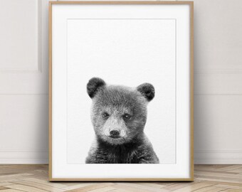 Bear Cub Print, Baby Bear Art, Nursery Wall Art, Baby Animal Prints, Woodland Animals, Black & White, Nursery Decor, Kids Room Printable Art