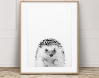 Hedgehog Print, Baby Hedgehog Art, Woodland Animal, Woodland Nursery Decor, Black & White Baby Animals, Nursery Art, Kids Room Printable Art