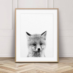 Fox Print, Fox Cub Photo, Baby Animal Prints, Black White Animals, Nursery Decor, Woodland Animal, Nursery Wall Art, Kids Room Printable Art