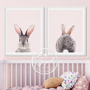 Rabbit Print, Set of 2 Bunny Prints, Pink Nursery Wall Art, Woodland Nursery Decor, Baby Animals, Girl Nursery Prints, Girls Printable Art
