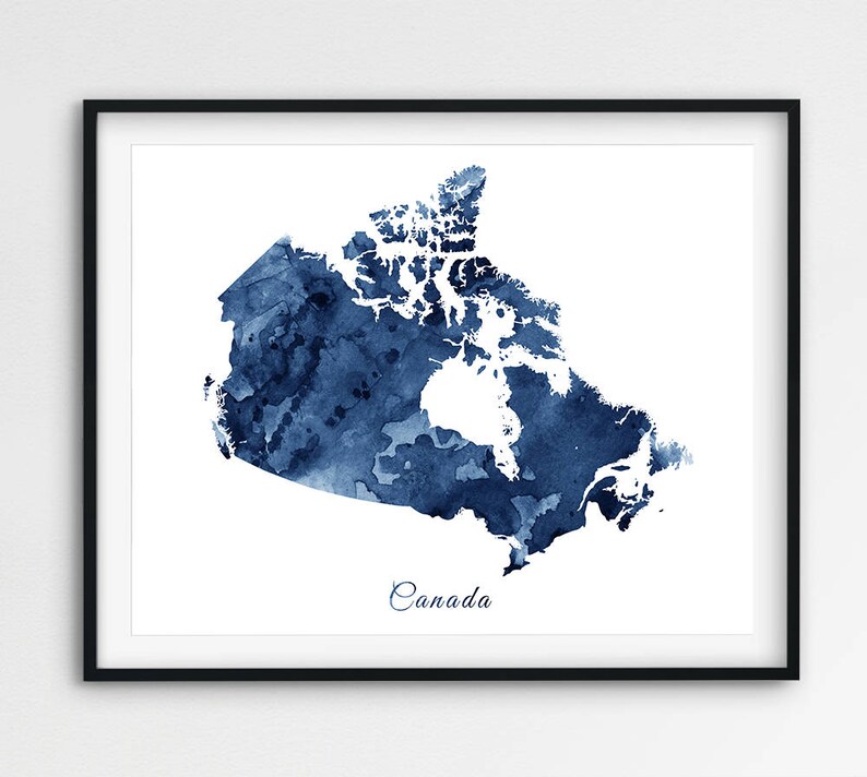 May include: A watercolor painting of Canada in shades of blue. The map is outlined in white and the word "Canada" is written in white below the map.