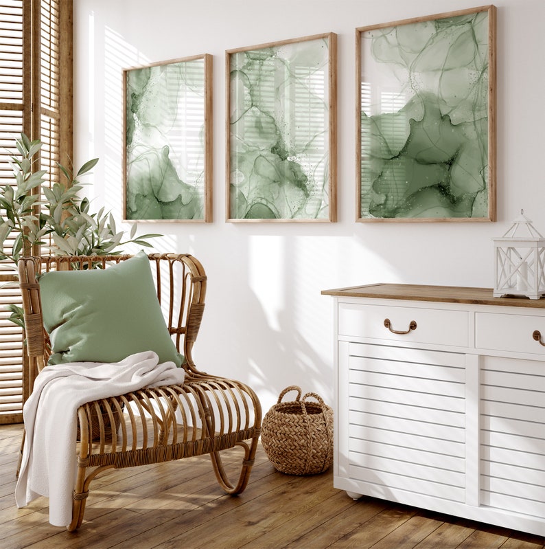 Sage Green Abstract Prints Sage Green Wall Art Set of 3 Etsy