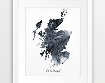 Scotland Map Print, Scotland Watercolor Map, Scotland Art Grey Black White, Scotland UK England Map Wall Art, Modern, Travel, Printable Art