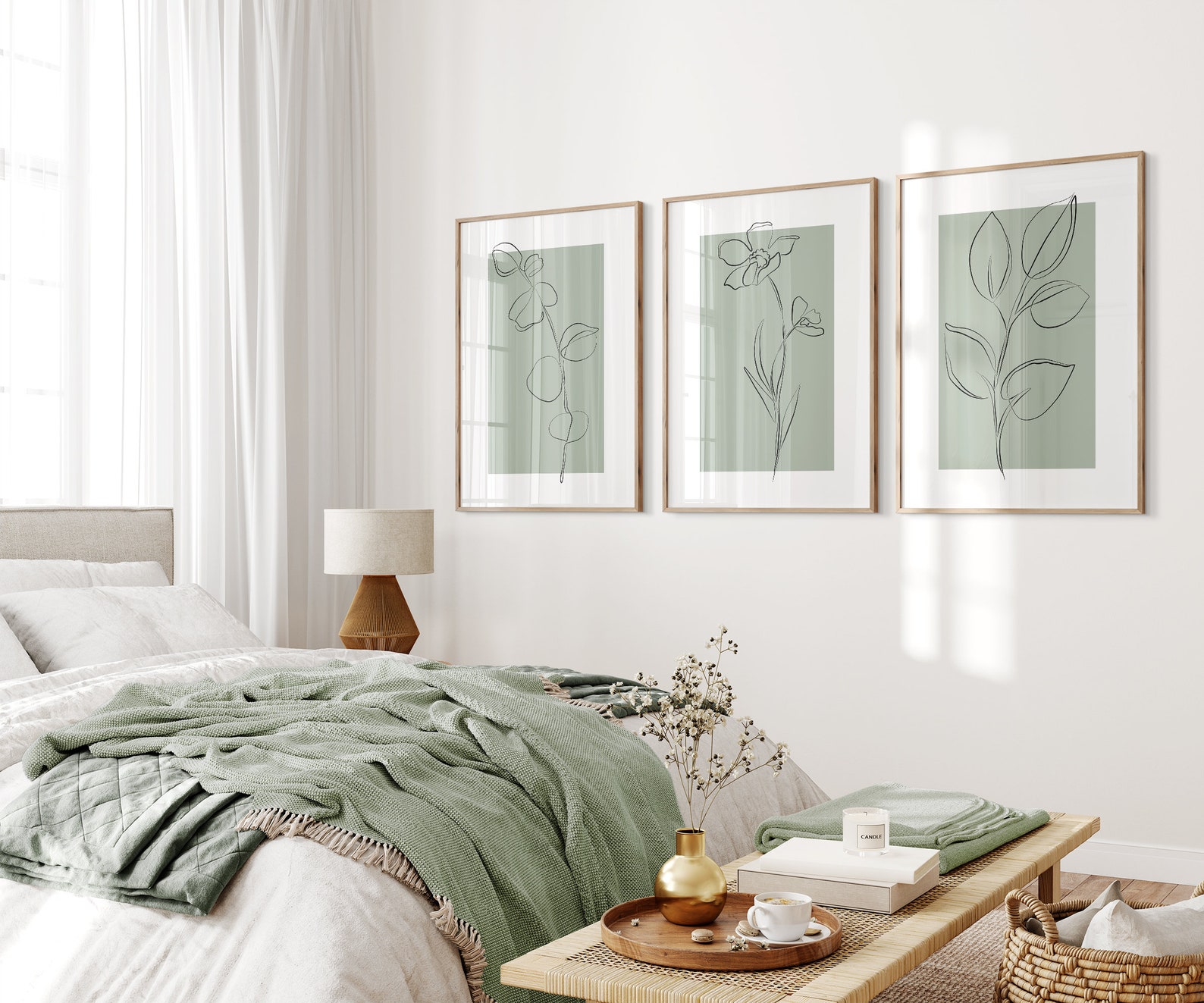 Sage Green Wall Art Prints, Botanical Line Art, Set of 3 Prints ...
