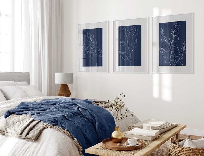 Navy Blue Wall Art Prints Botanical Line Art Set of 3 Blue Etsy