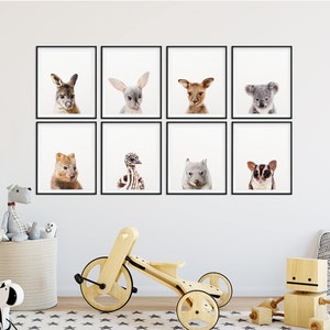 May include: A set of nine black framed prints featuring close-up photos of various Australian animals, including a kangaroo, wombat, echidna, koala, sugar glider, and more. The prints are arranged in a grid pattern on a white wall.