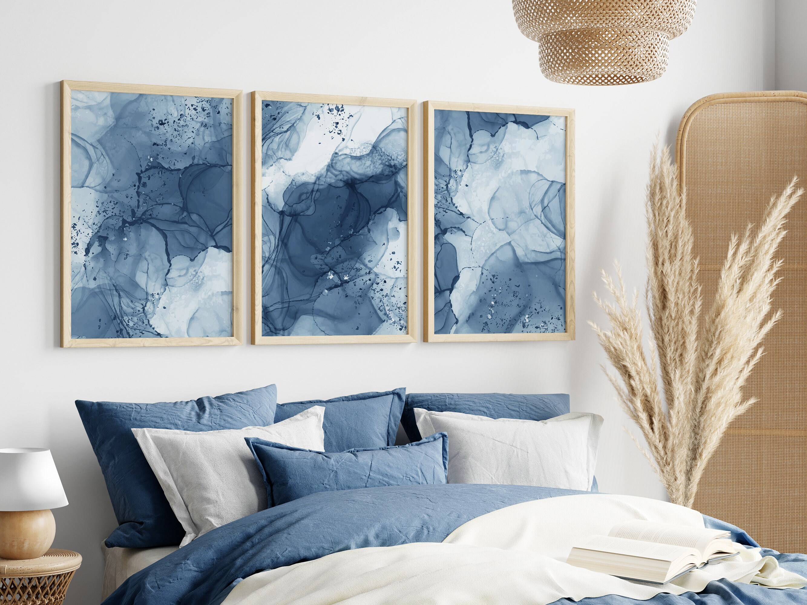 Blue Wall Art Prints Abstract Set of 3 Prints Marble Wall Etsy