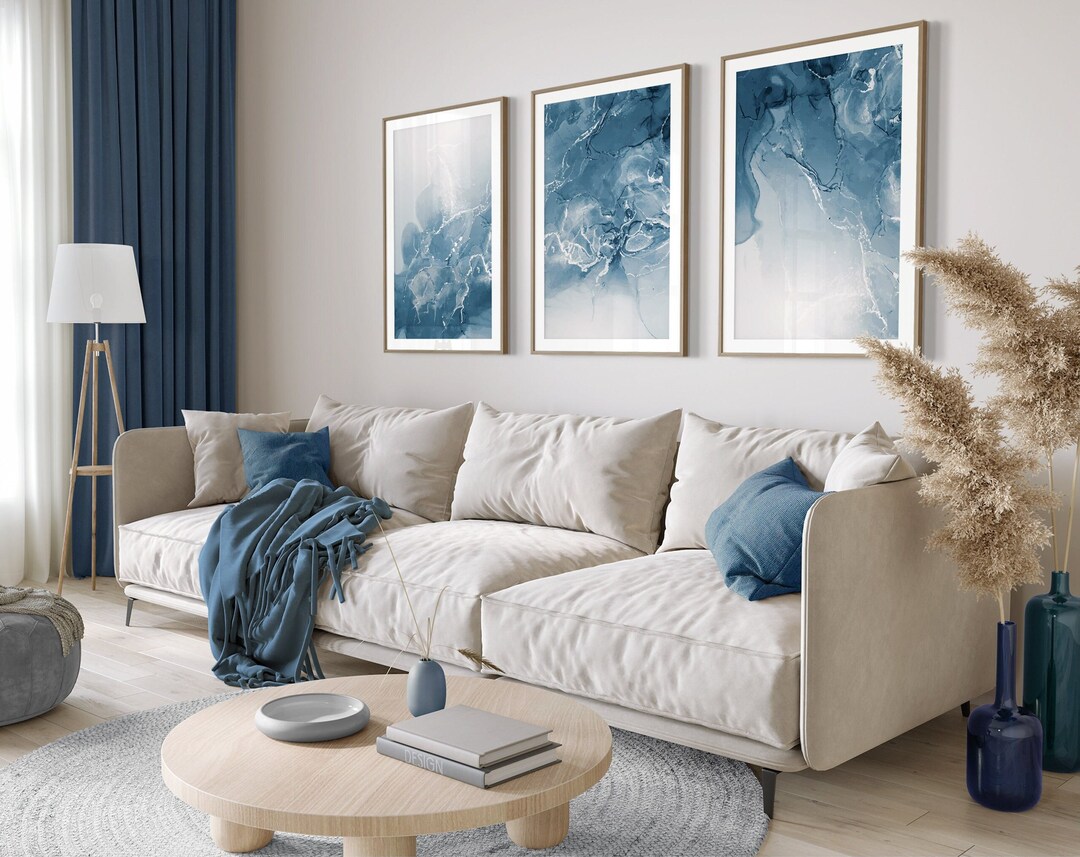 Blue Abstract Set of 3 Wall Art Prints, Marble Wall Prints, Navy Blue