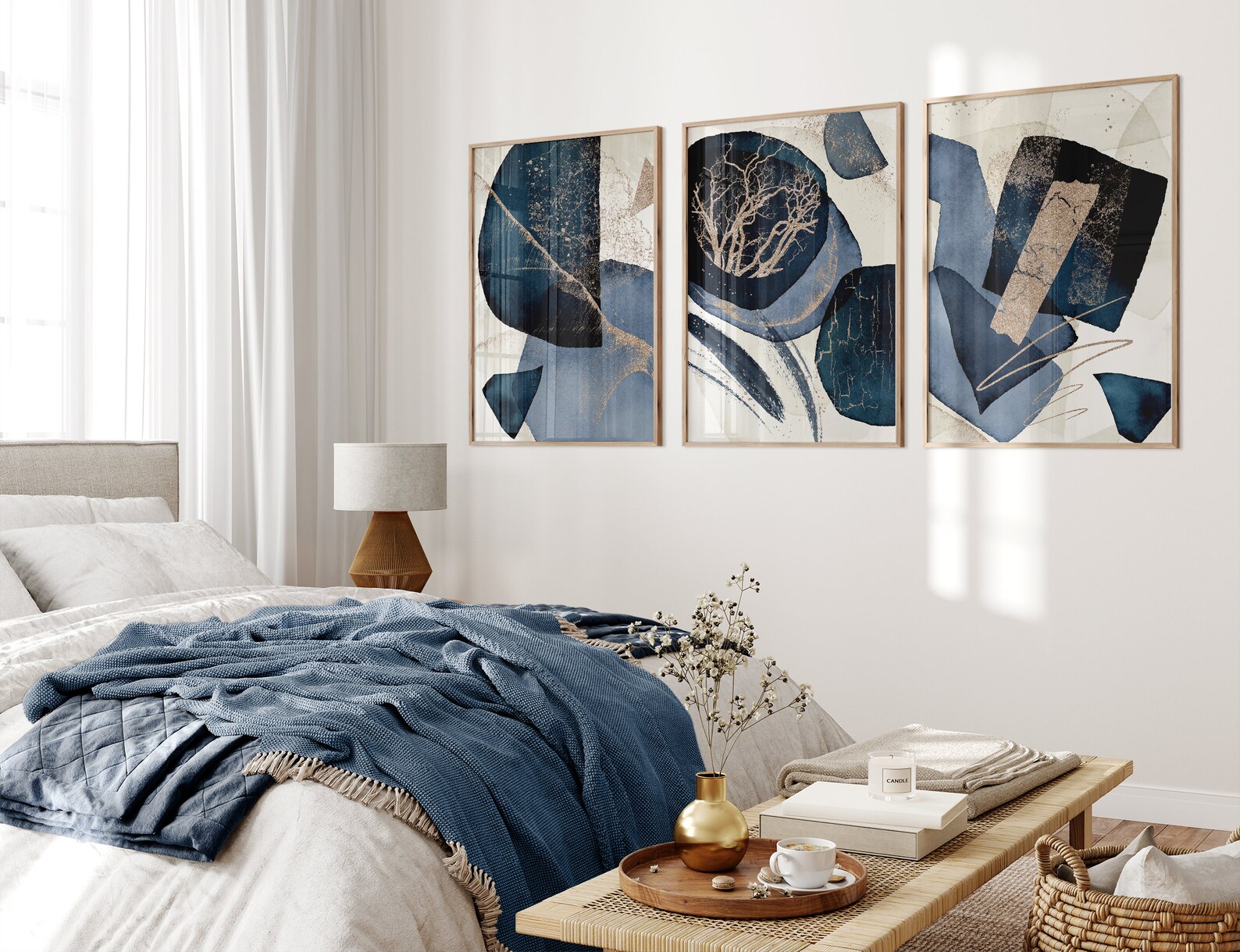 Set of 3 Abstract Prints, Navy Blue Wall Art, Blue & Gold Watercolor ...