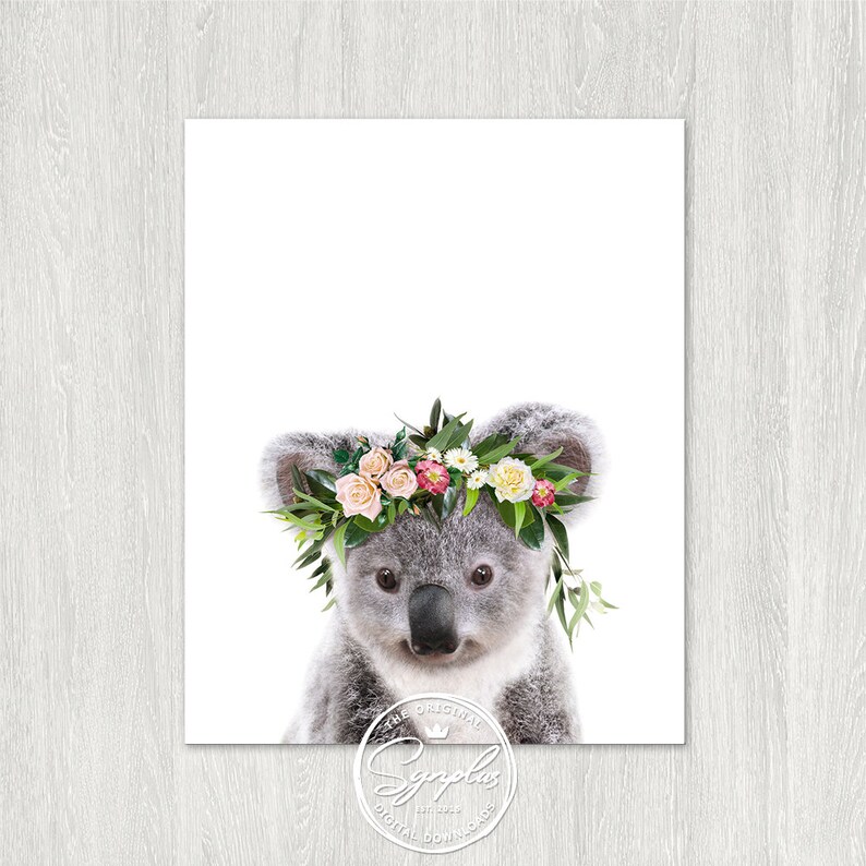 May include: A cute koala wearing a flower crown with pink, white, and yellow flowers. The koala is looking at the camera with a sweet expression.