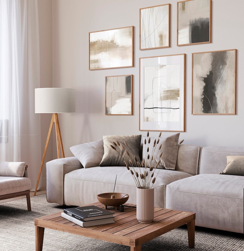 Neutral Gallery Wall Art Set of 6 Abstract Prints Beige Black Etsy