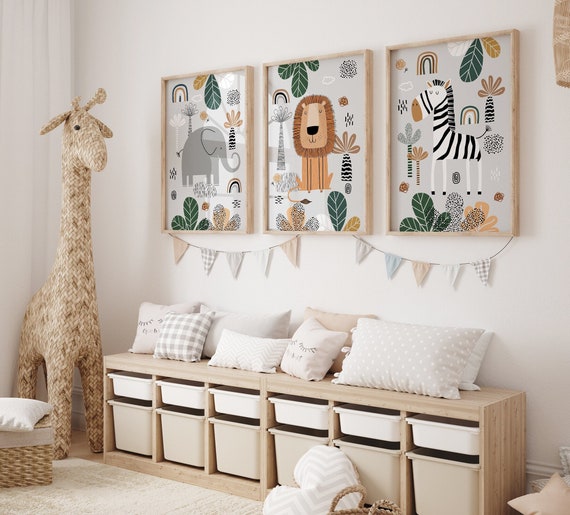 Boho Nursery Wall Art, Set of 3 Safari Animal Prints, Light Grey, Green Nursery Prints, Safari Nursery Art, Neutral Nursery Decor, Printable