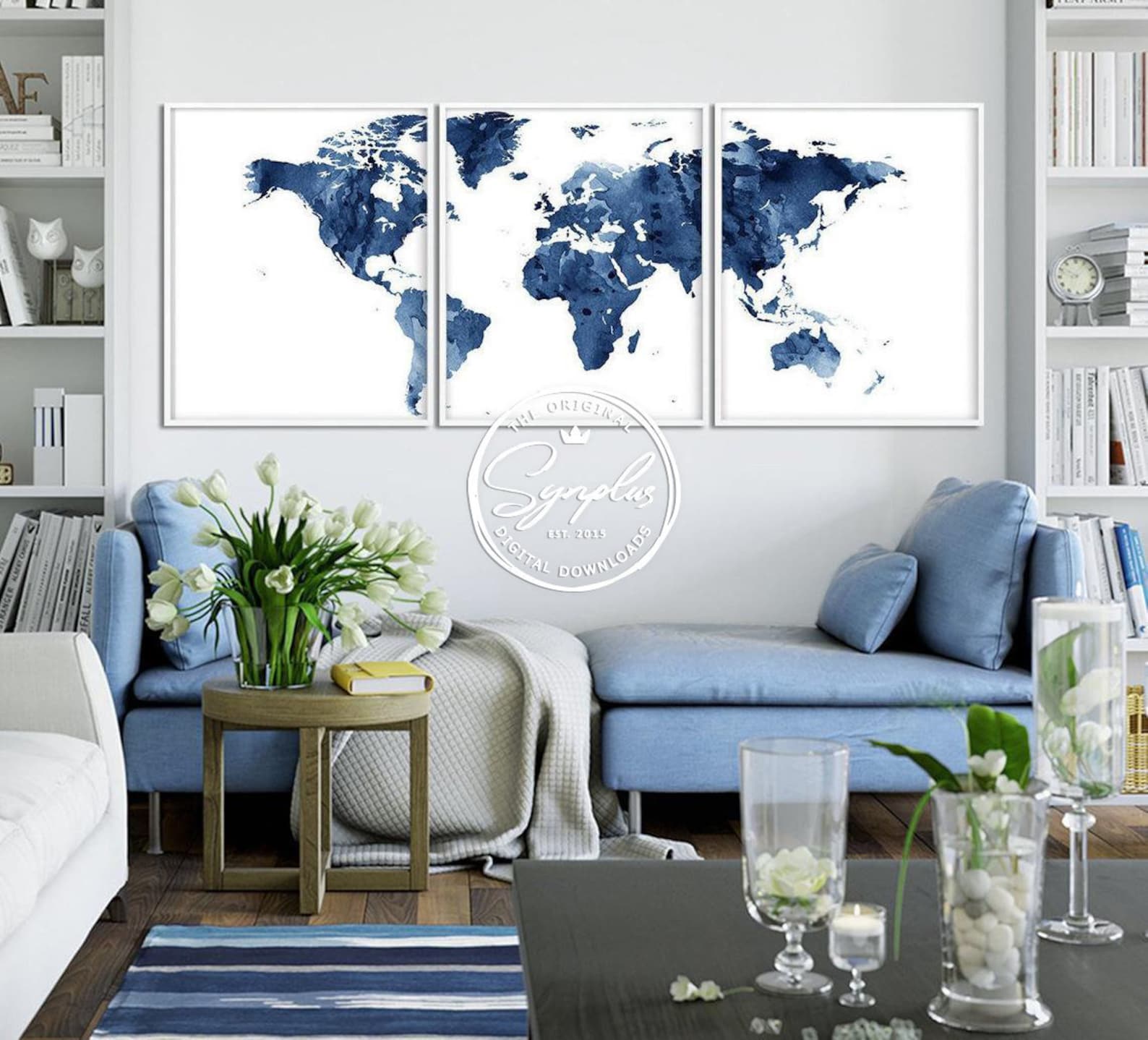 World Map Print, World Map Watercolor Set of 3, World Map Triptych Navy ...