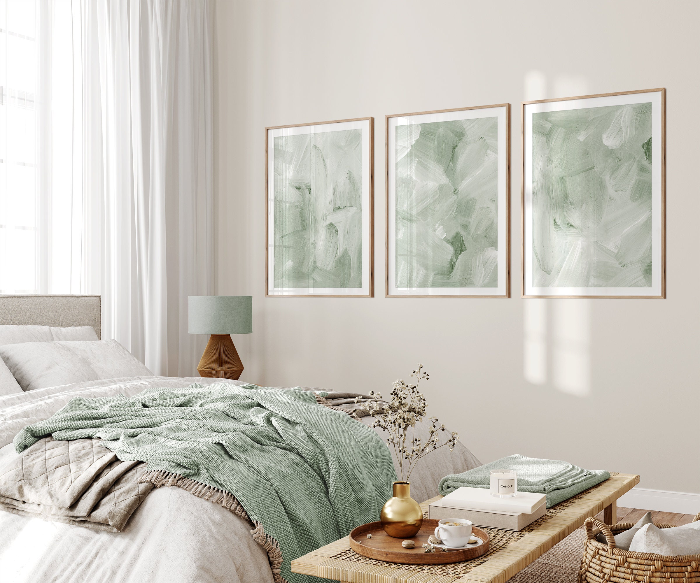 AWFTSTL Set Di 3 Stampe Su Tela Verde Salvia | Quadri Astratti Bohémien | Decorazione Da Parete Per Soggiorno, Camera Da Letto, Bagno | Arte Moderna Con Foglie