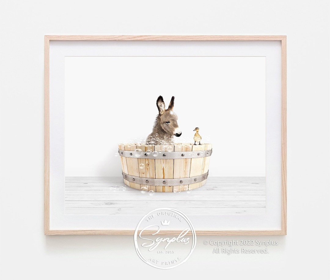 Baby Donkey in Wooden Bathtub Printable Art, Donkey Bathing, Neutral