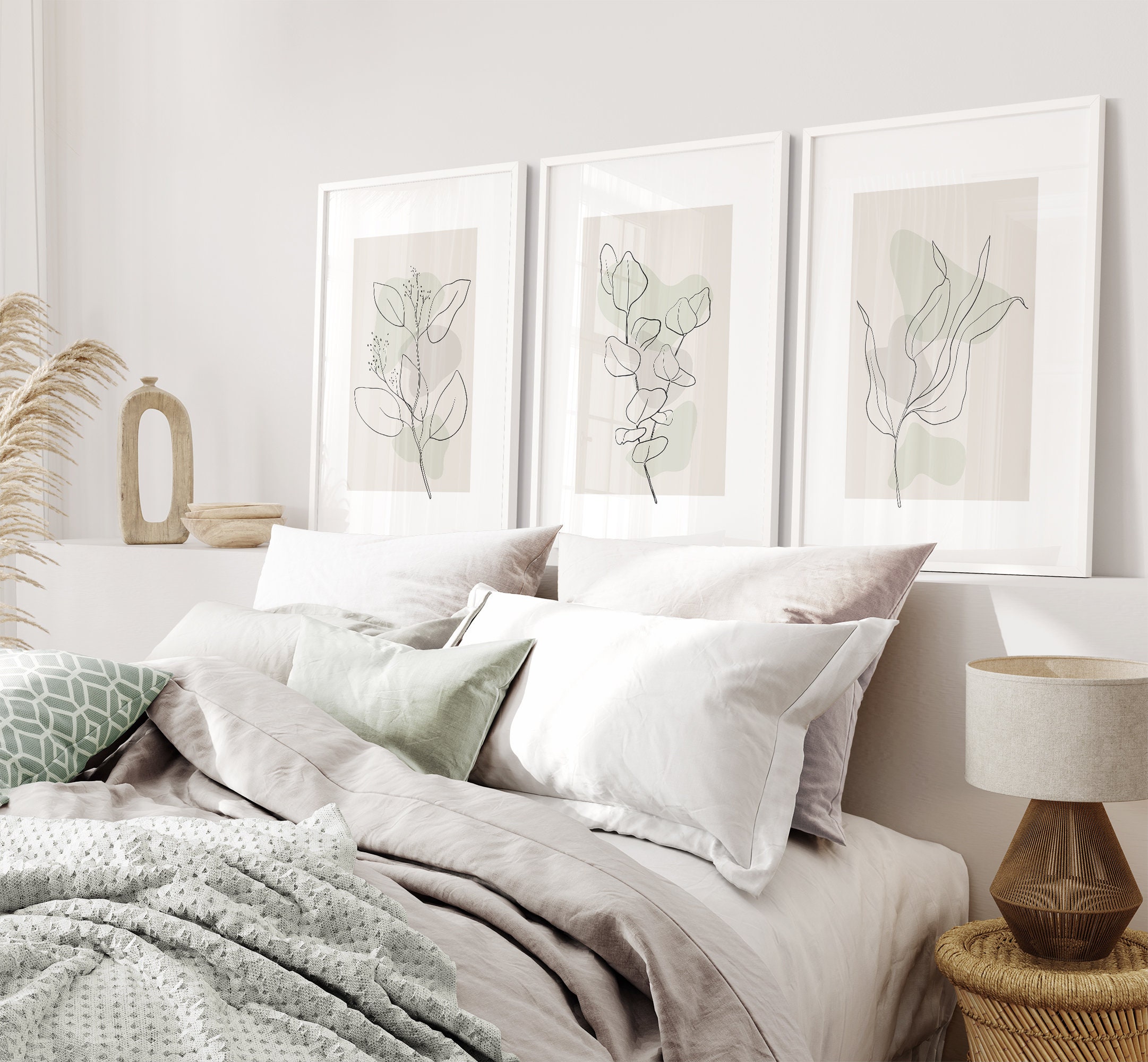 Beige & Sage Green Wall Art Prints, Botanical Line Art, Set of 3 Plant ...