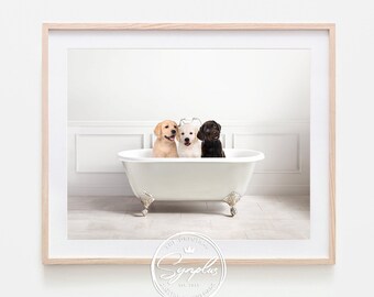 Labrador Puppies in Bathtub Printable Art, Puppy Retriever, Dog Bathing, Whimsy Animal, Bathroom Art, Baby Animals in Bathtub Art by Synplus