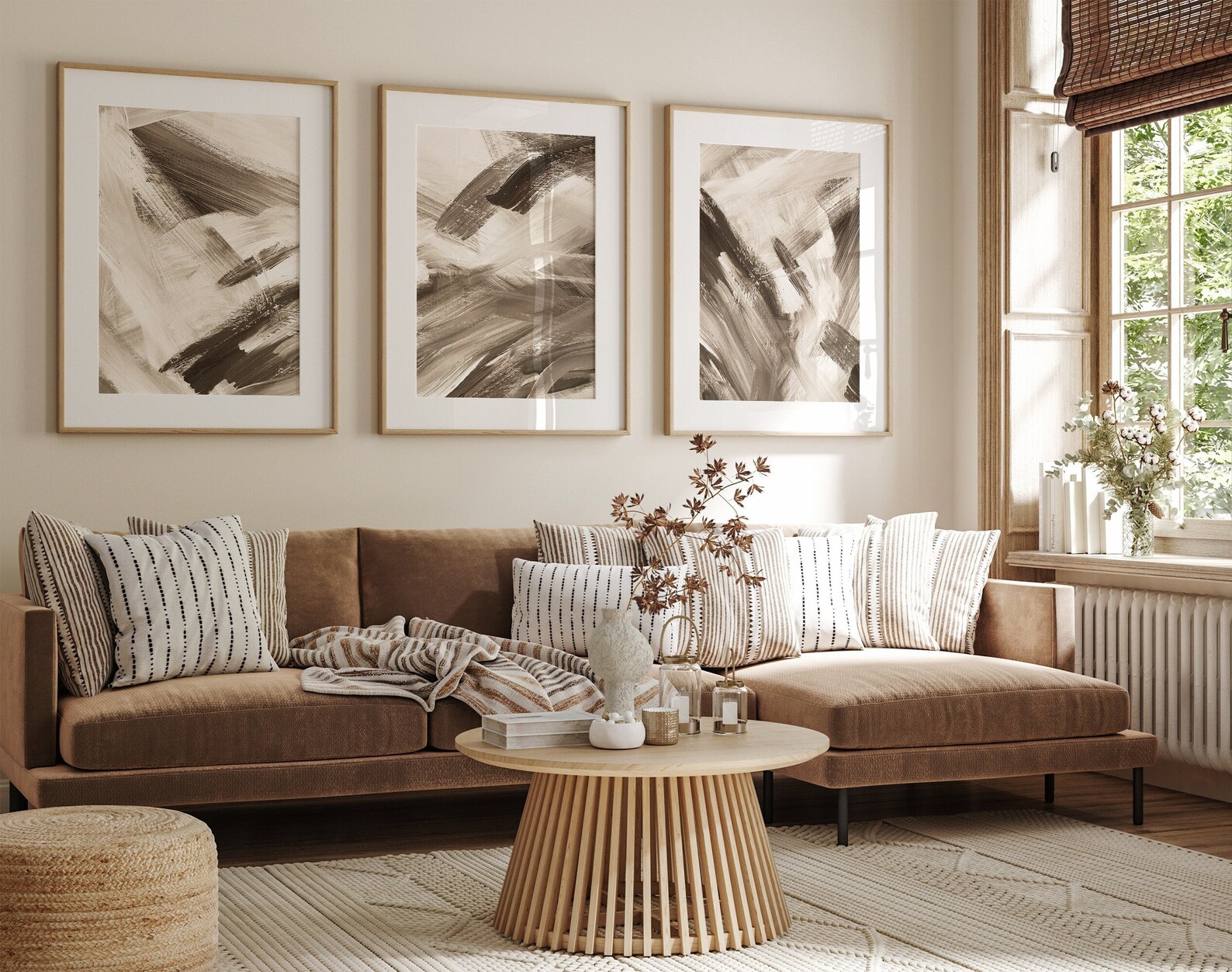 Neutral Abstract Wall Art Set of 3 Prints, Beige Brown Brush Strokes ...