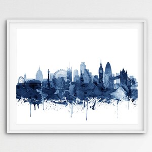 May include: A watercolor painting of the London skyline in shades of blue. The painting features iconic landmarks like the London Eye, Big Ben, and Tower Bridge.