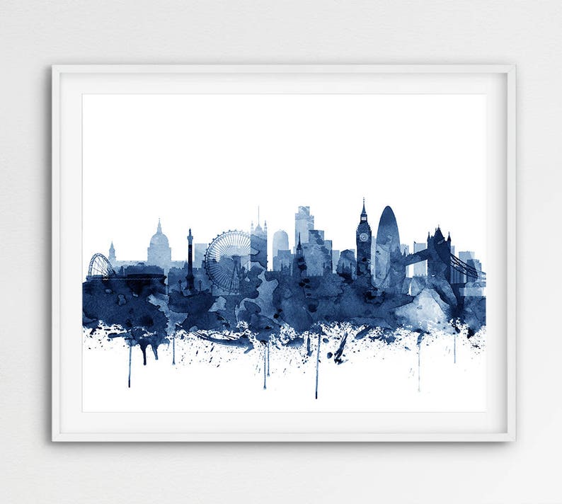 May include: A watercolor painting of the London skyline in shades of blue. The painting features iconic landmarks like the London Eye, Big Ben, and Tower Bridge.