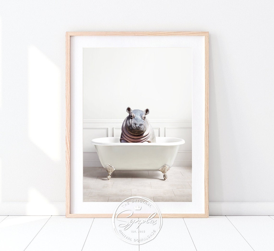 Baby Hippo in Bathtub Baby Hippo Bathing Animal Whimsy Art | Etsy