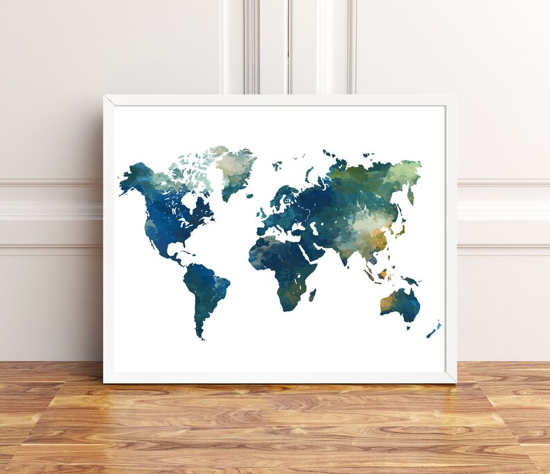 World Map Watercolor Print, World Map Poster Watercolor Teal Blue Green ...