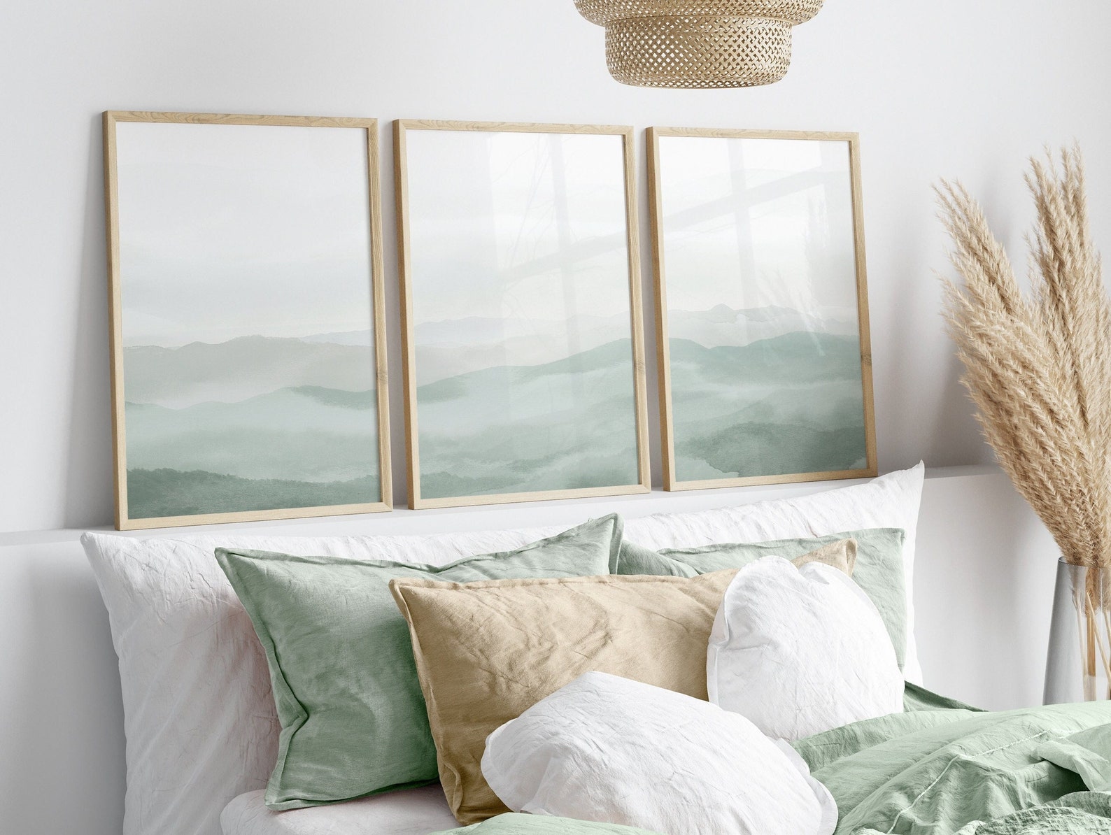Sage Green Abstract Wall Art Prints, Set of 3 Landscape Watercolor Art ...