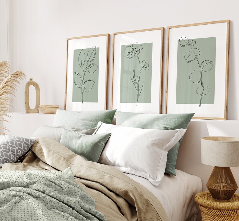 Sage Green Wall Art Prints, Botanical Line Art, Set of 3 Prints ...
