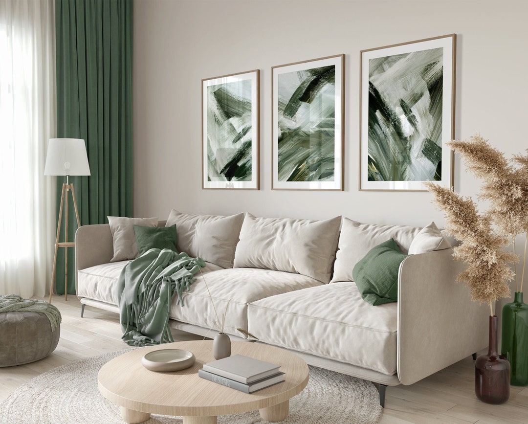 Abstract Sage Green Wall Art, Sage Green Brush Strokes Art, Set of 3