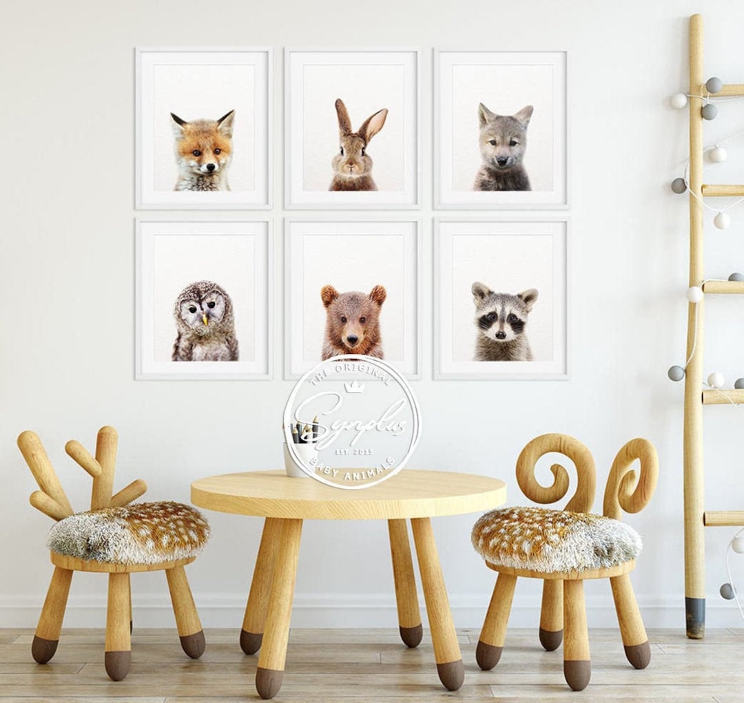 Woodland Nursery Decor, Baby Animals Set 6, Bunny Fox Bear Owl Wolf