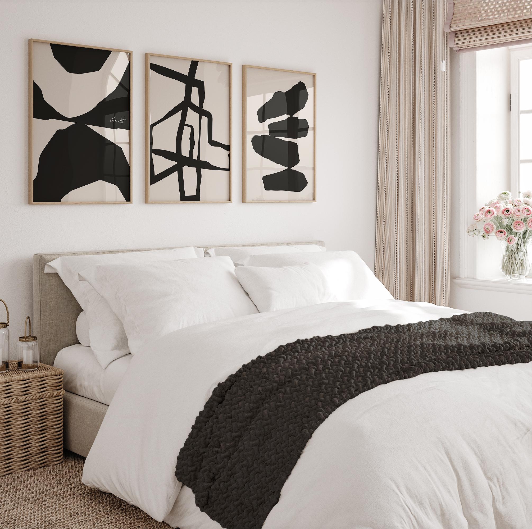 Beige & Black Abstract Set of 3 Wall Art Prints, Neutral, Modern ...