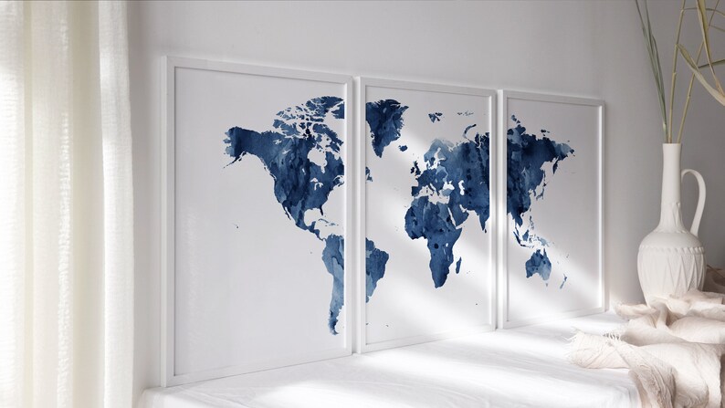 World Map Print, World Map Watercolor Set of 3, World Map Triptych Navy ...
