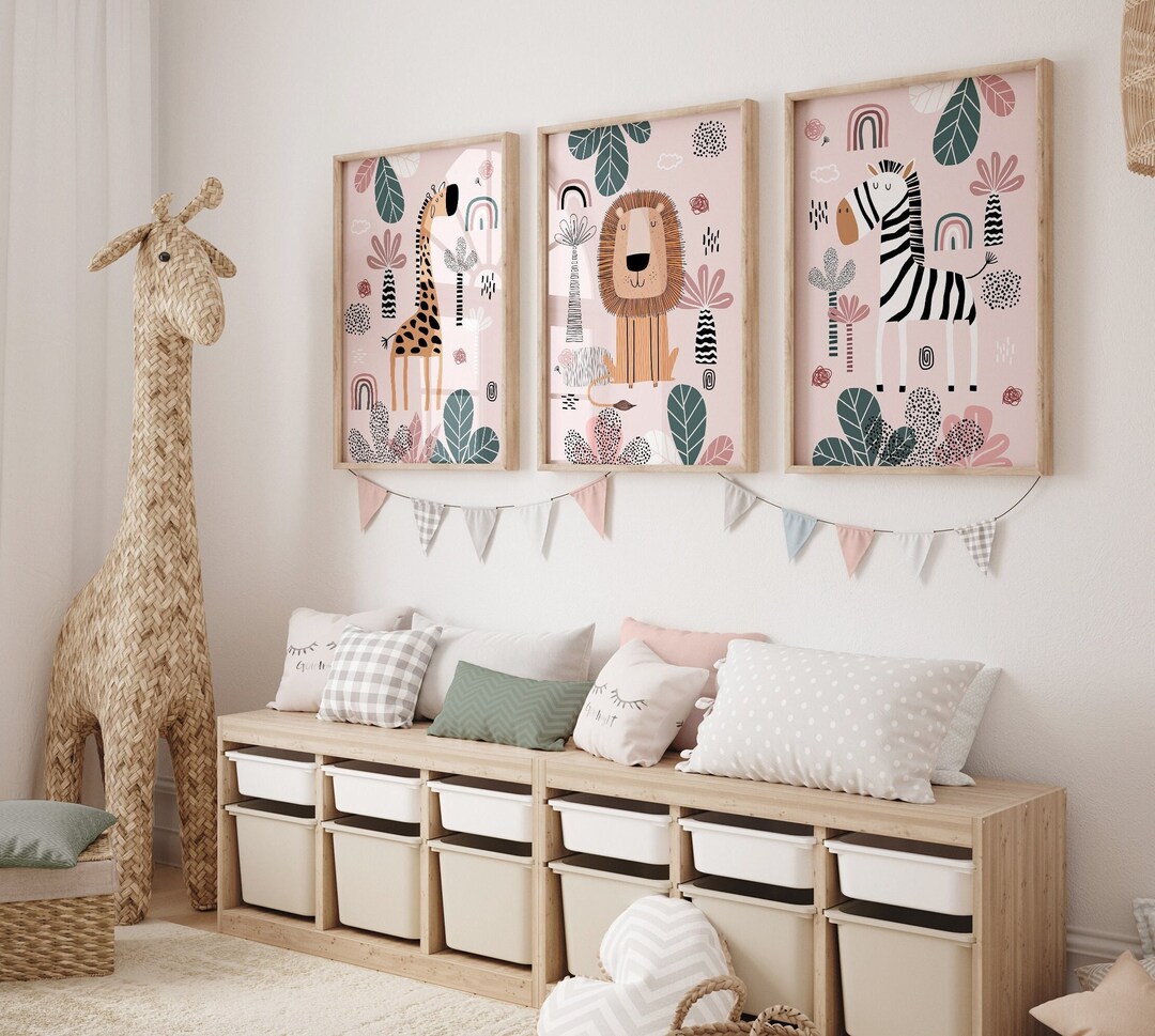 Safari Nursery Wall Prints, Boho Nursery Prints, Set of 3 Prints, Pink ...