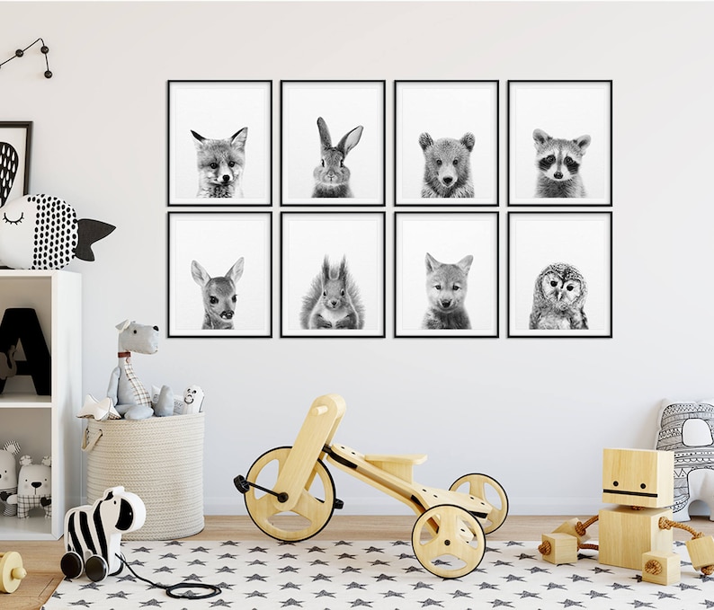 Woodland Nursery Decor, Baby Animals Set of 8, Bunny, Fox, Bear, Deer, Woodland Animal Prints, Black & White Nursery Wall Art, Printable Art image 3