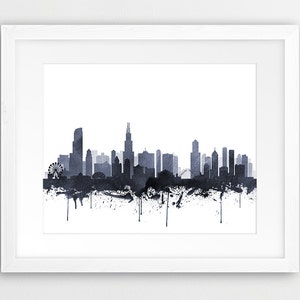 Chicago Skyline Print, Chicago Illinois Cityscape Watercolor Grey Black And White, Modern Wall Art, Home Office Decor, Digital Printable Art