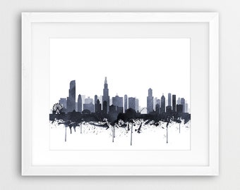 Chicago Skyline Print, Chicago Illinois Cityscape Watercolor Grey Black And White, Modern Wall Art, Home Office Decor, Digital Printable Art