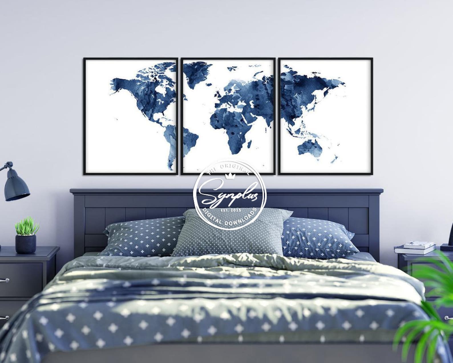 World Map Print, World Map Watercolor Set of 3, World Map Triptych Navy ...