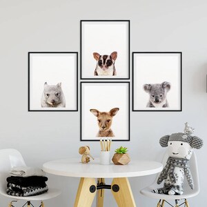 May include: Four black framed prints of Australian animals. The prints feature a koala, a sugar glider, a wombat, and a joey kangaroo. The prints are arranged in a grid pattern on a white wall.
