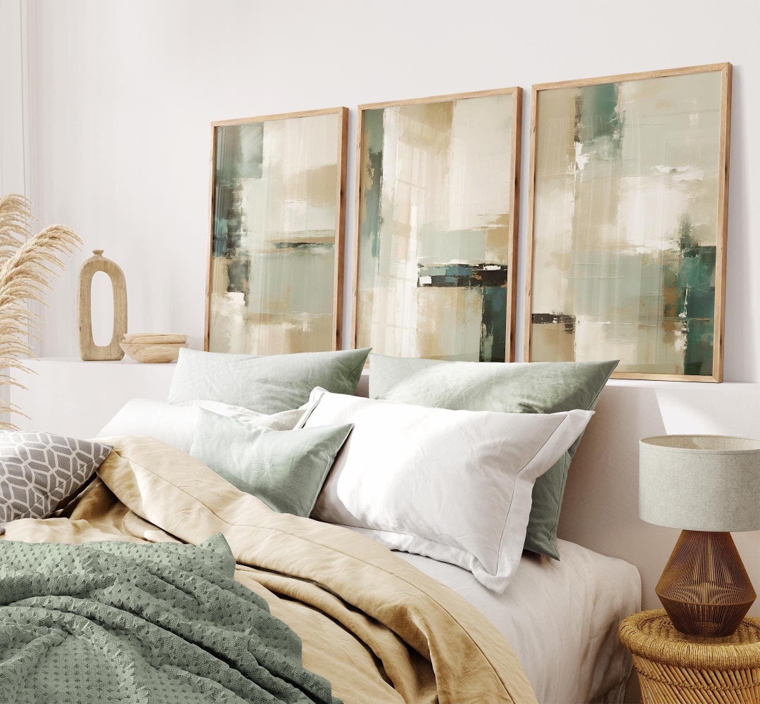 Set of 3 Abstract Print, Sage Green Beige Painting Wall Art, Neutral ...
