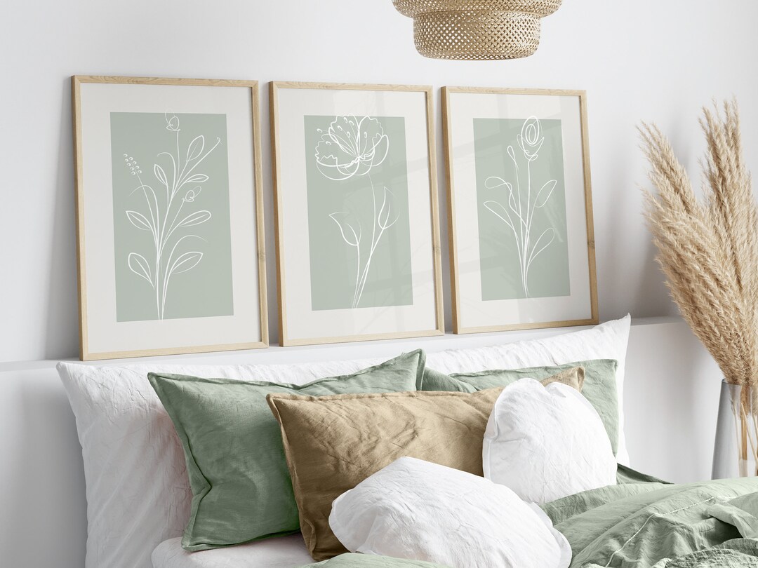 Sage Green Wall Art Prints, Botanical Line Art, Set of 3 Prints ...