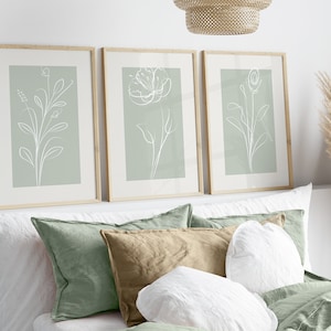 Sage Green Wall Art Prints, Botanical Line Art, Set of 3 Prints, Minimalist Modern Neutral Bedroom Living Room Wall Decor, Printable Art